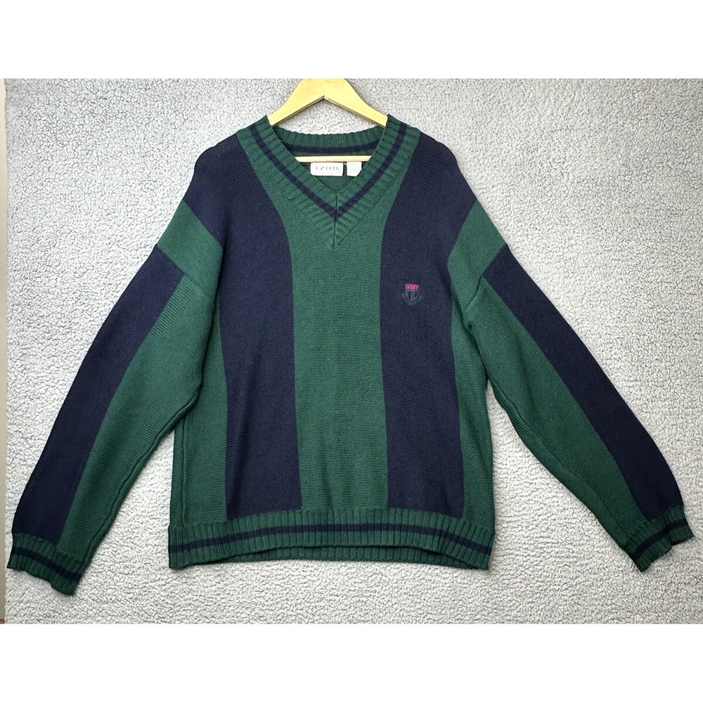 Vintage Izod Sweater Mens Medium Blue Green Stripe V Neck Cotton 90s Y2K